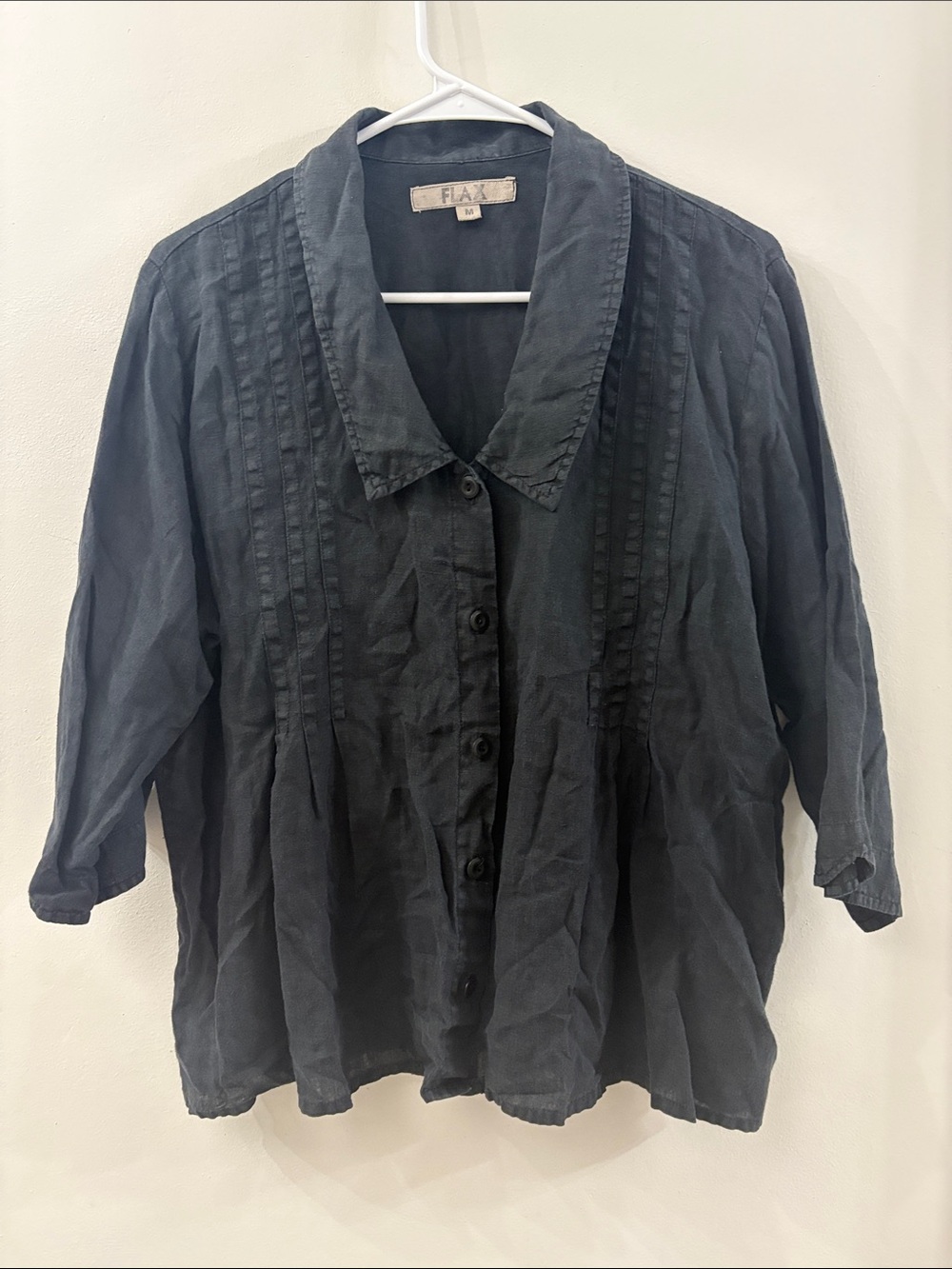 Flax Black Pintuck Linen Button-Up Blouse - medium - 3/4 sleeve